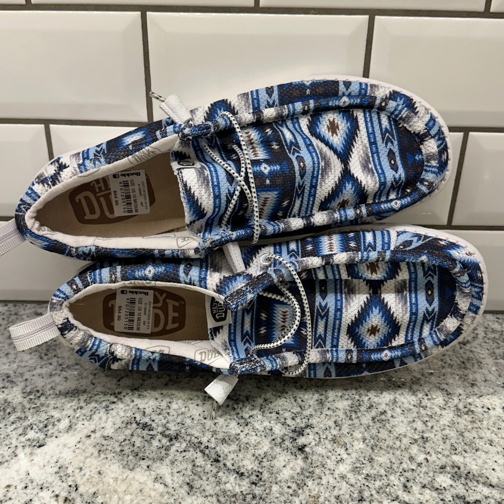 Hey Dude Mens 10 Wally Loafers Blue Multi Geometric Southwestern Casual Aztec - Picture 8 of 8
